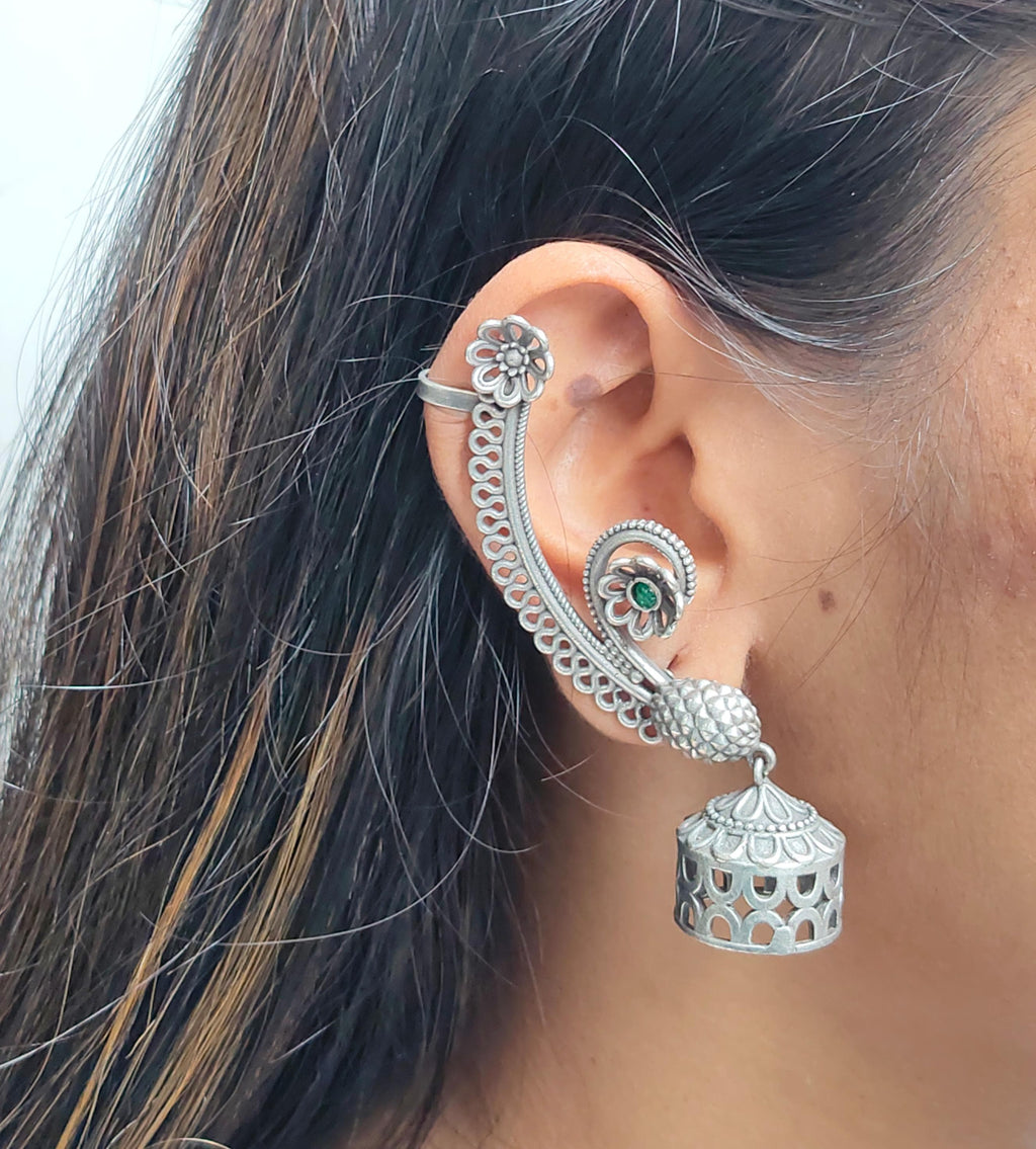 Elegant Oxidized Silver Peacock Ear Cuffs with Floral Detailing and Jhumka Dangles – Statement Ethnic Jewelry for Women