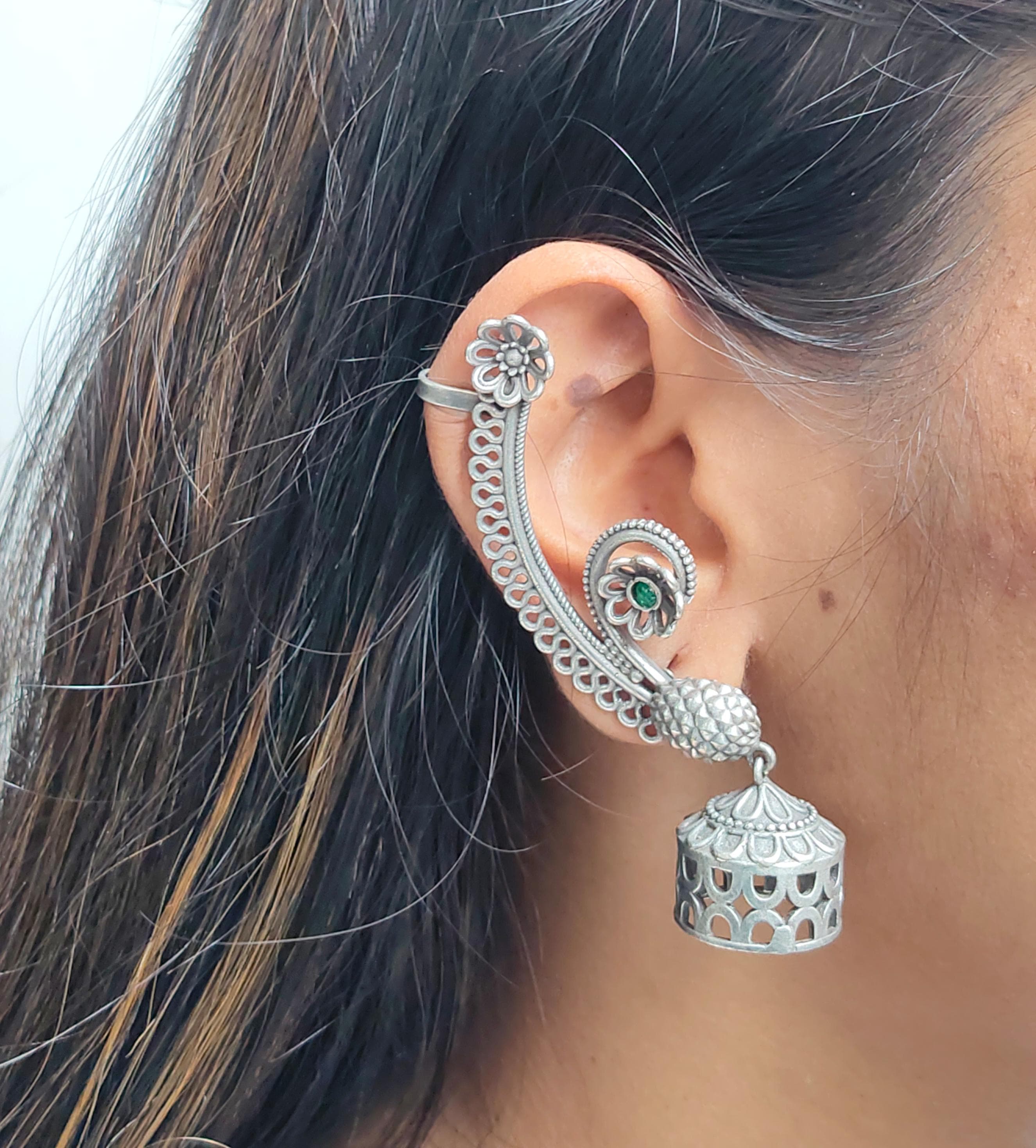 Elegant Oxidized Silver Peacock Ear Cuffs with Floral Detailing and Jhumka Dangles – Statement Ethnic Jewelry for Women