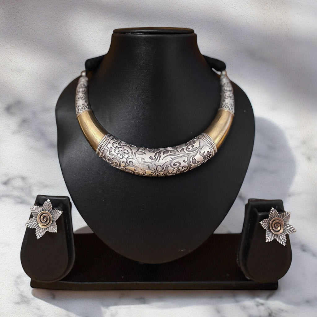 Traditional Oxidized Silver Hasli Necklace and Earring Set Tribal-Inspired Statement Jewelry