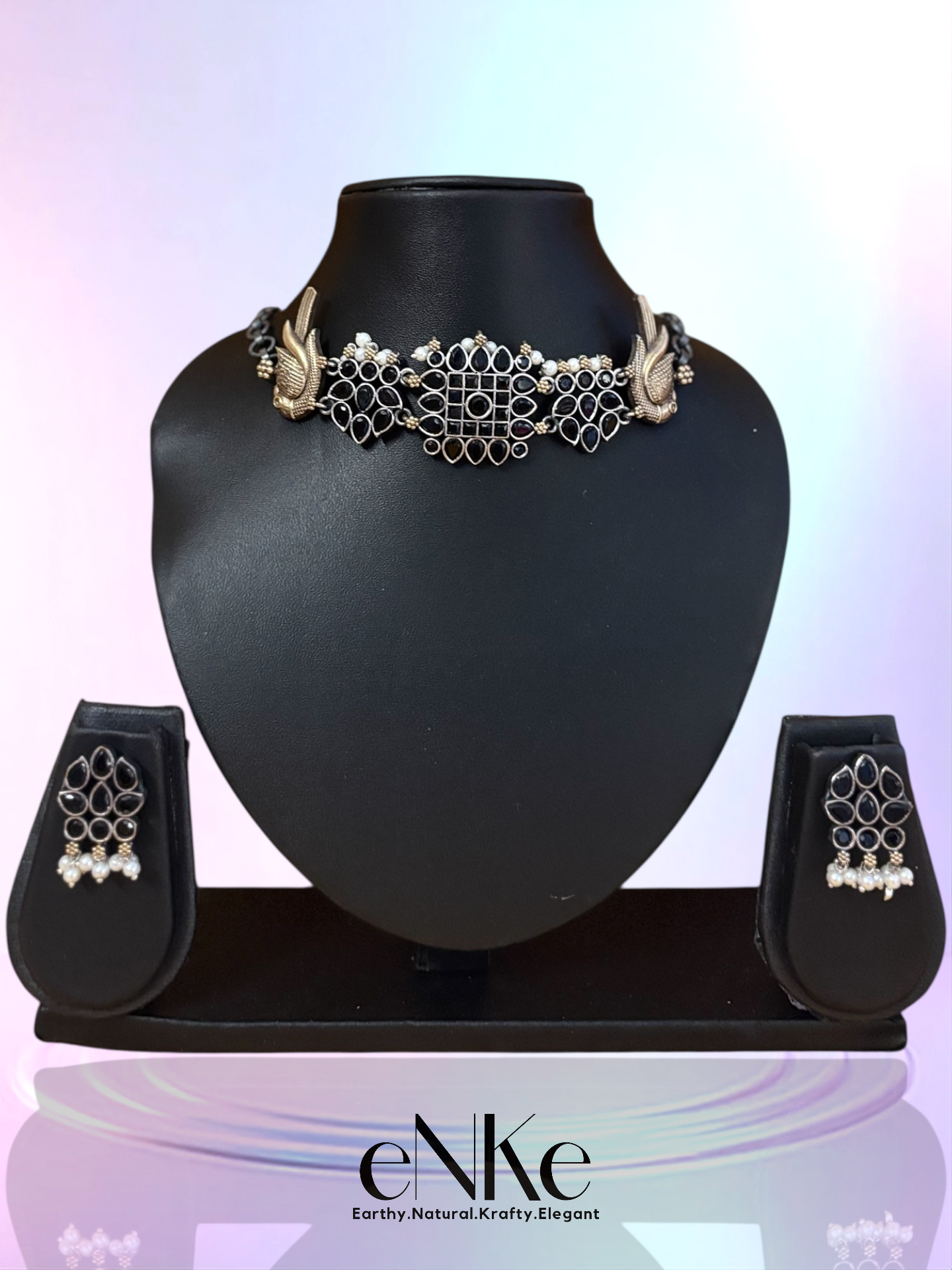 Multi-Stone Silver Necklace and Earring Set with Red and Green Gem Accents Elegant Design Gift