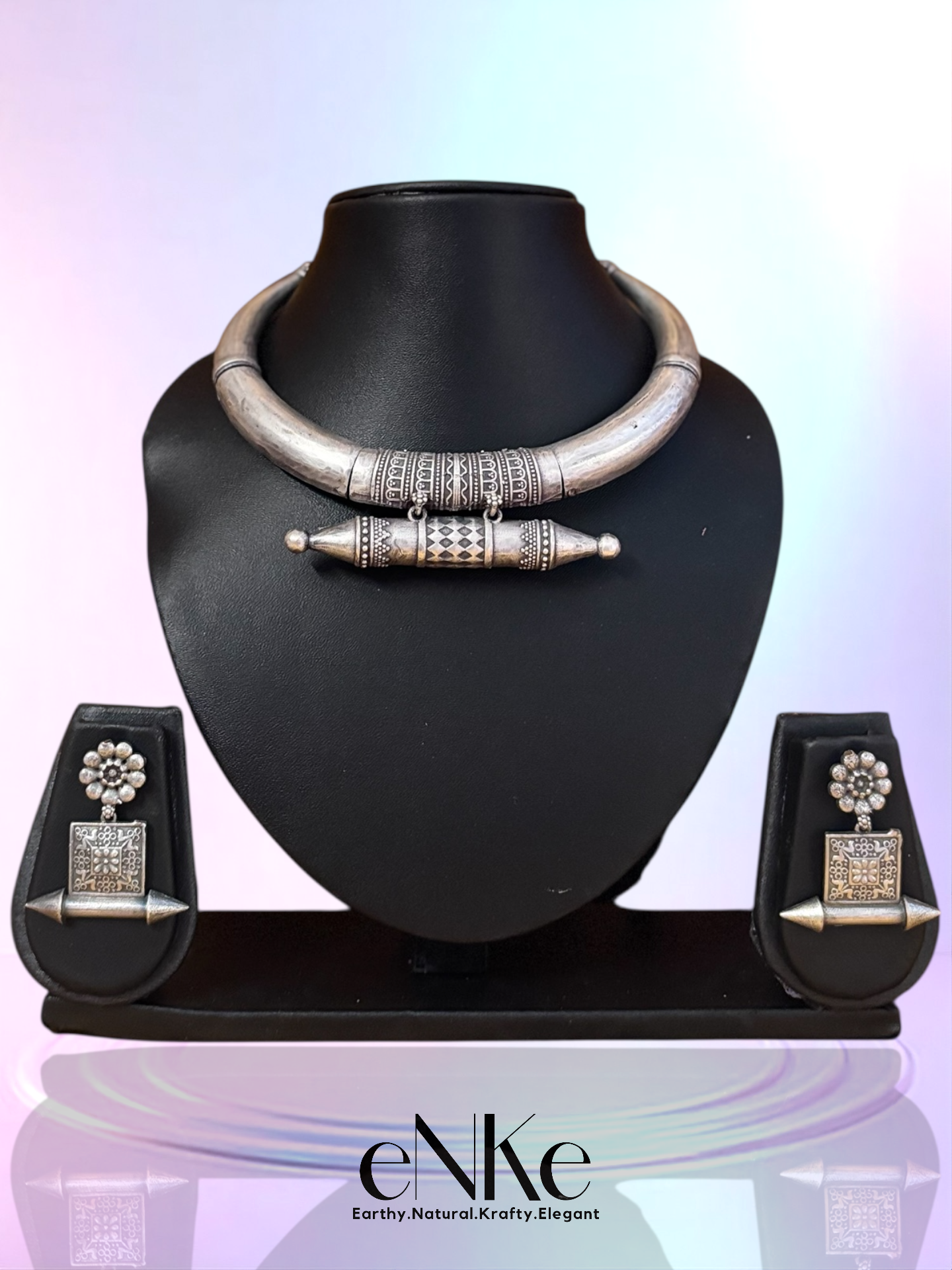 Traditional Oxidized Silver Hasli Necklace and Earring Set Tribal-Inspired Statement Jewelry