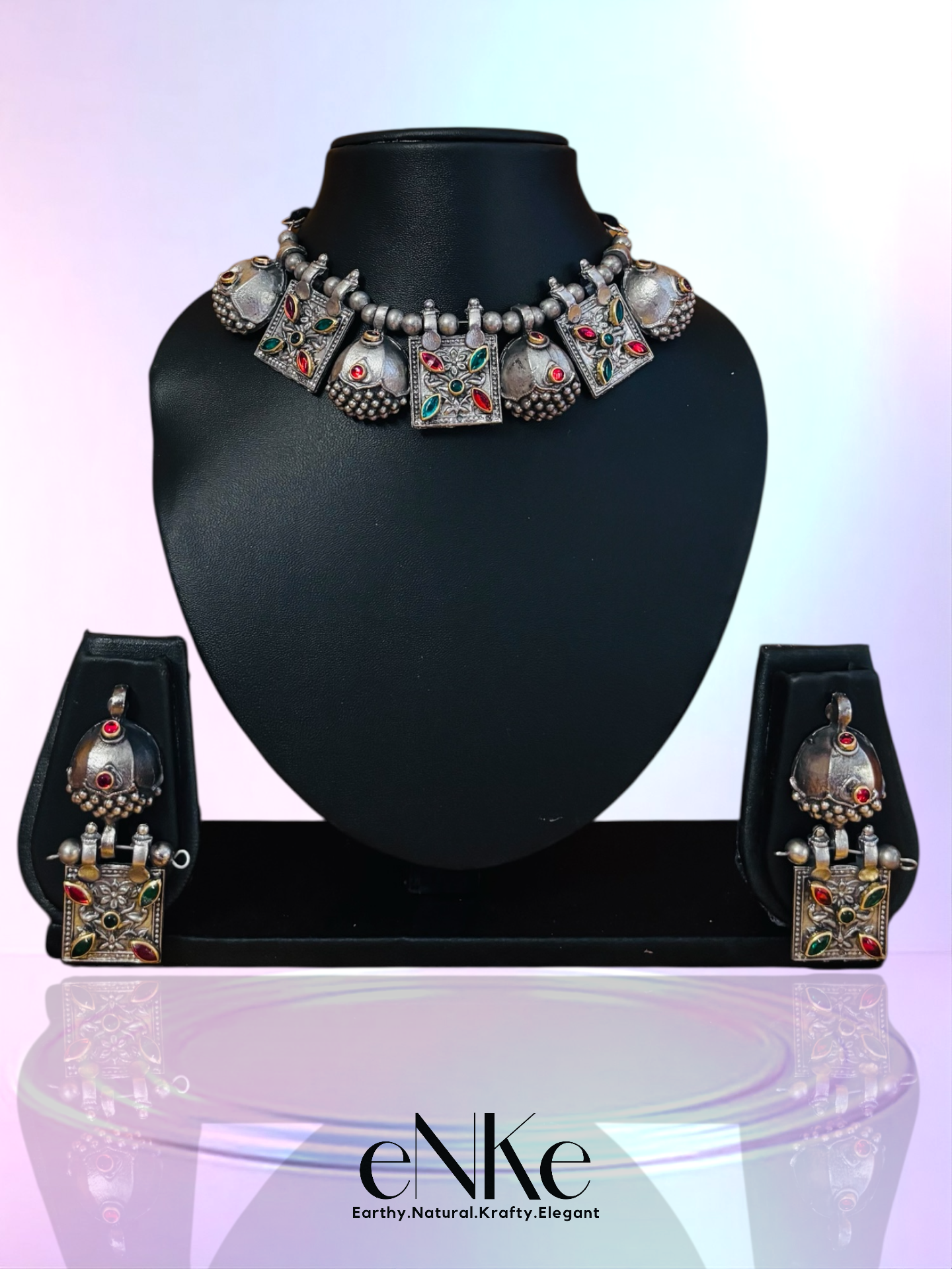 Multi-Stone Silver Necklace and Earring Set with Red and Green Gem Accents Elegant Design Gift