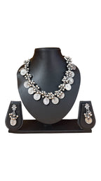 Antique Oxidized Silver Coin Necklace Set With Matching Earrings for Festive and Ethnic Occasions