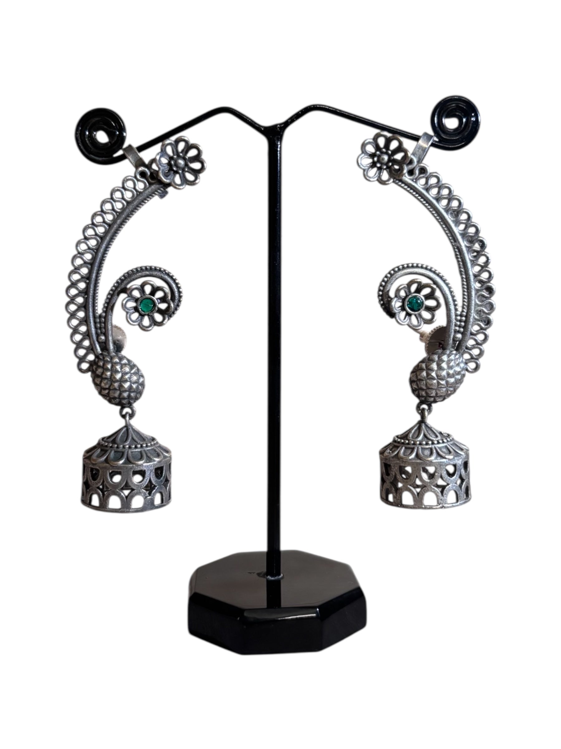 Elegant Oxidized Silver Peacock Ear Cuffs with Floral Detailing and Jhumka Dangles – Statement Ethnic Jewelry for Women