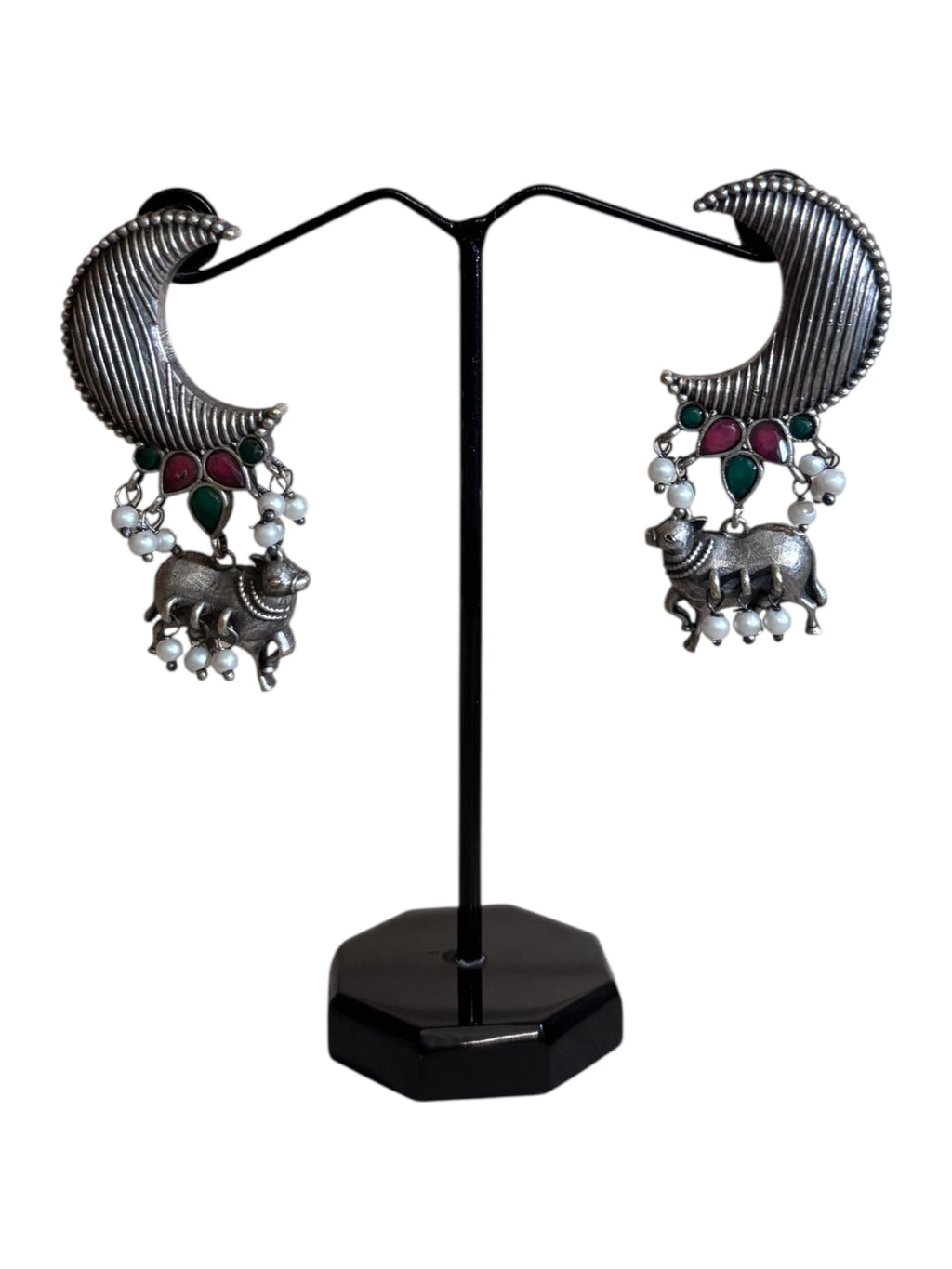 Elegant Oxidized Silver Peacock Ear Cuffs with Floral Detailing and Jhumka Dangles – Statement Ethnic Jewelry for Women