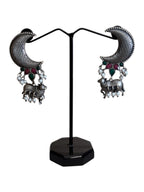 Elegant Oxidized Silver Peacock Ear Cuffs with Floral Detailing and Jhumka Dangles – Statement Ethnic Jewelry for Women