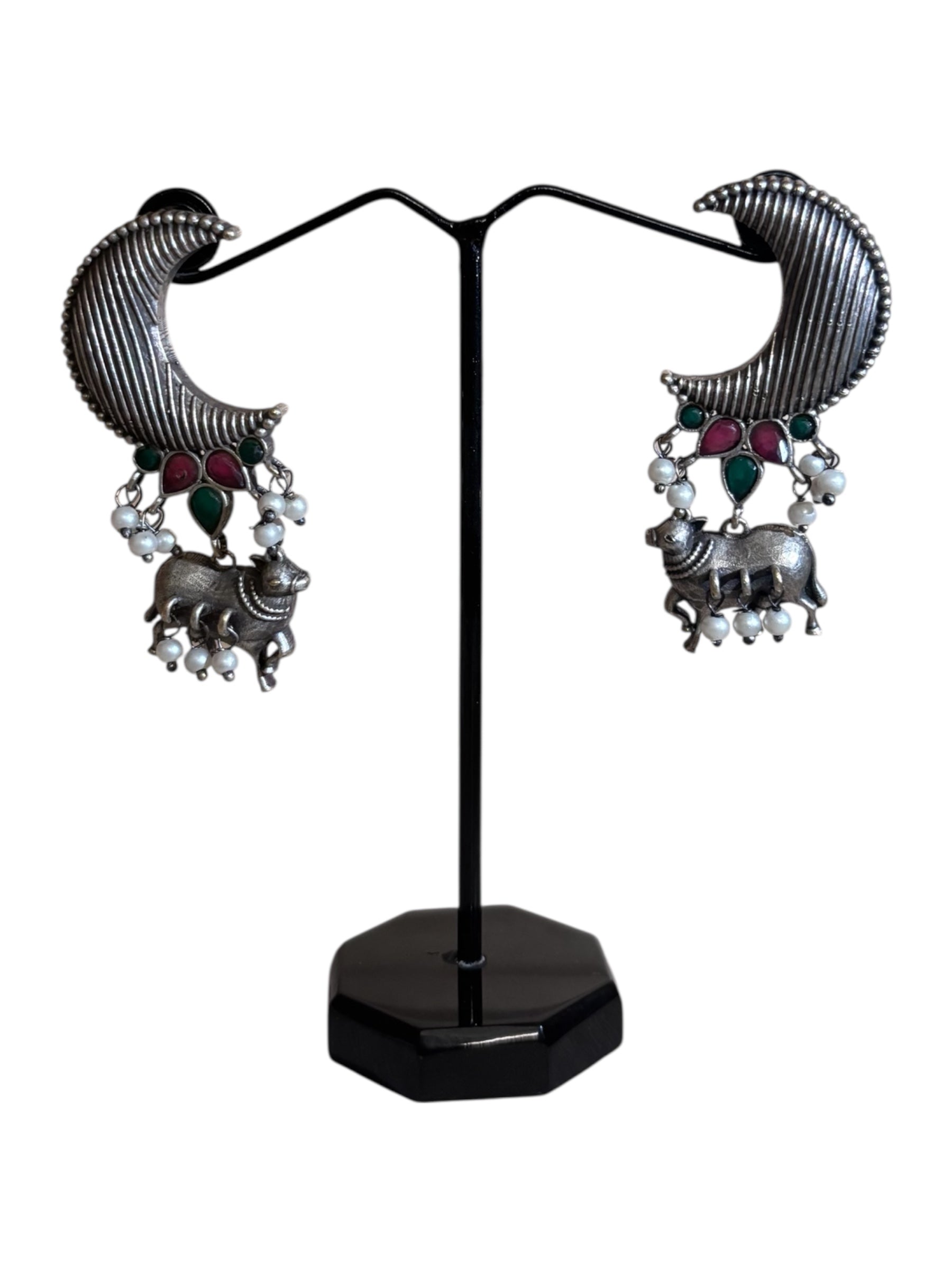 Elegant Oxidized Silver Peacock Ear Cuffs with Floral Detailing and Jhumka Dangles – Statement Ethnic Jewelry for Women