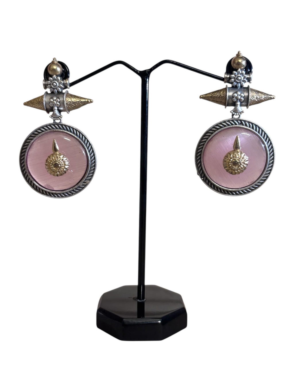 Vintage-Inspired Silver and Pink Stone Round Dangle Earrings with Ornate Floral Detailing
