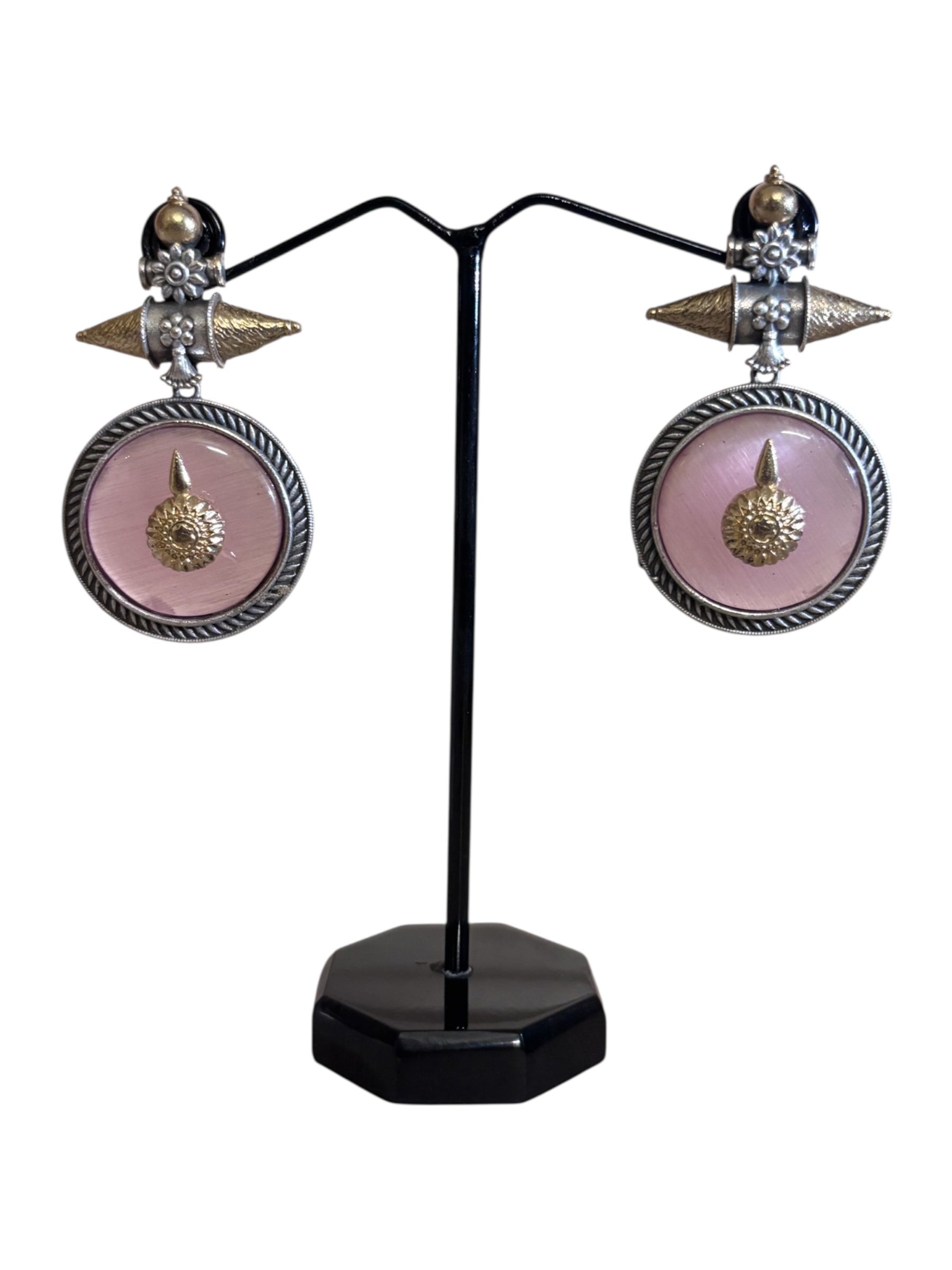 Vintage-Inspired Silver and Pink Stone Round Dangle Earrings with Ornate Floral Detailing