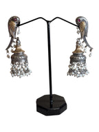 Parrot Jhumki Earrings – Traditional Indian Oxidized Silver Dangle Jhumkas with Pearl Beads & Gold-Toned Dome