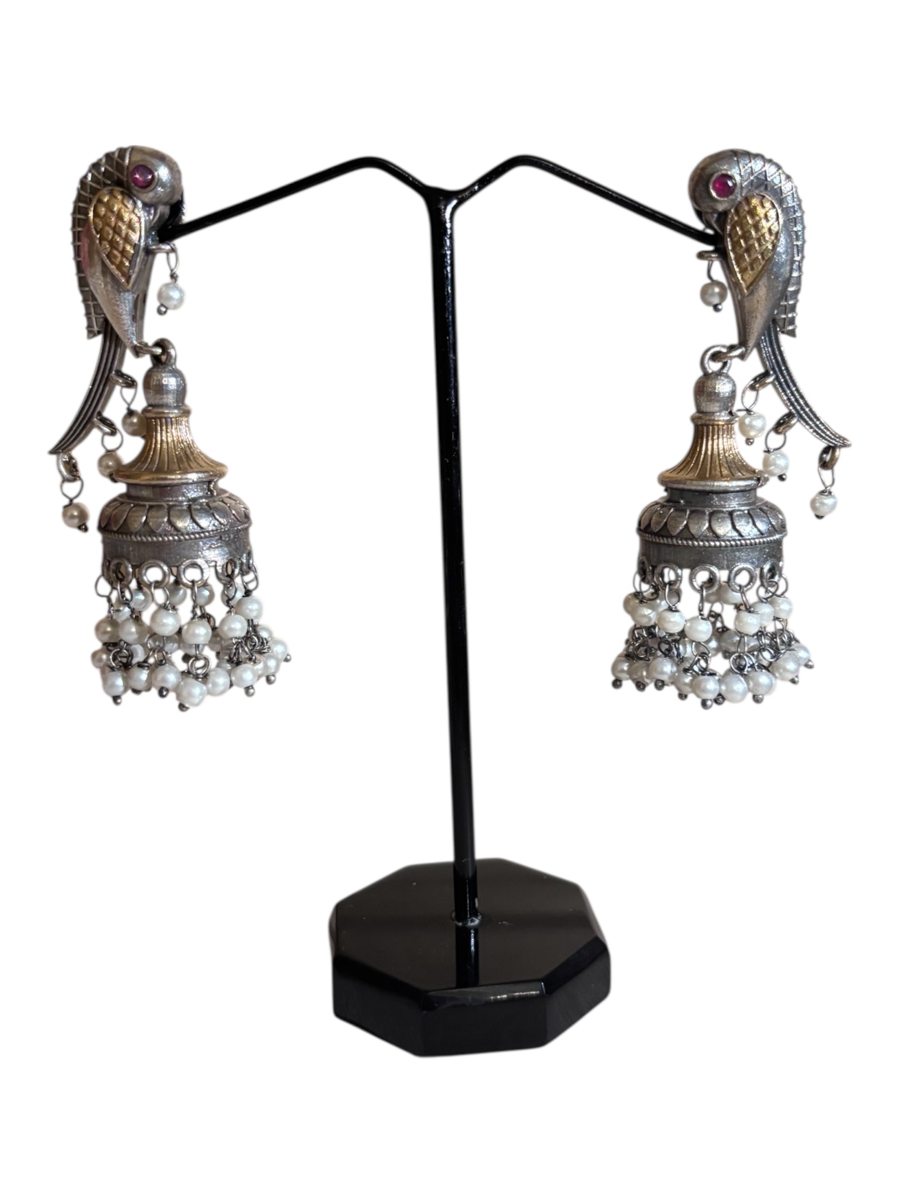 Parrot Jhumki Earrings – Traditional Indian Oxidized Silver Dangle Jhumkas with Pearl Beads & Gold-Toned Dome