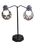 Intricate Silver Chand Baali Earrings with Floral Motif Studs and Delicate Crystal Embellishments
