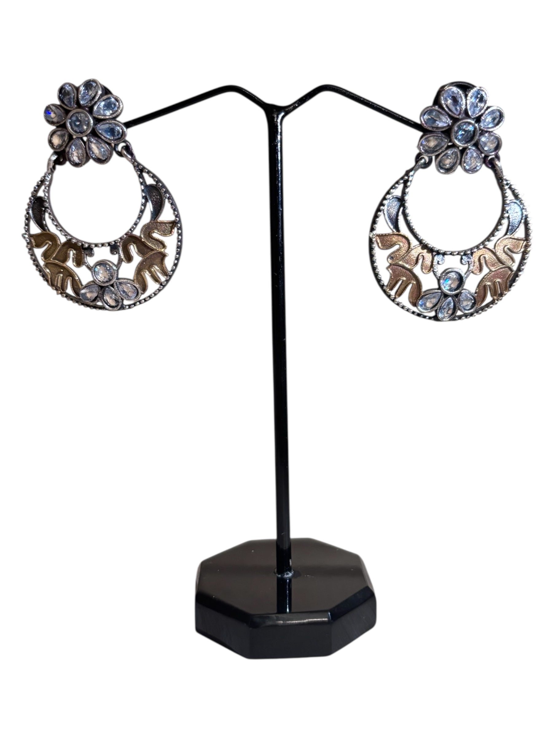 Intricate Silver Chand Baali Earrings with Floral Motif Studs and Delicate Crystal Embellishments