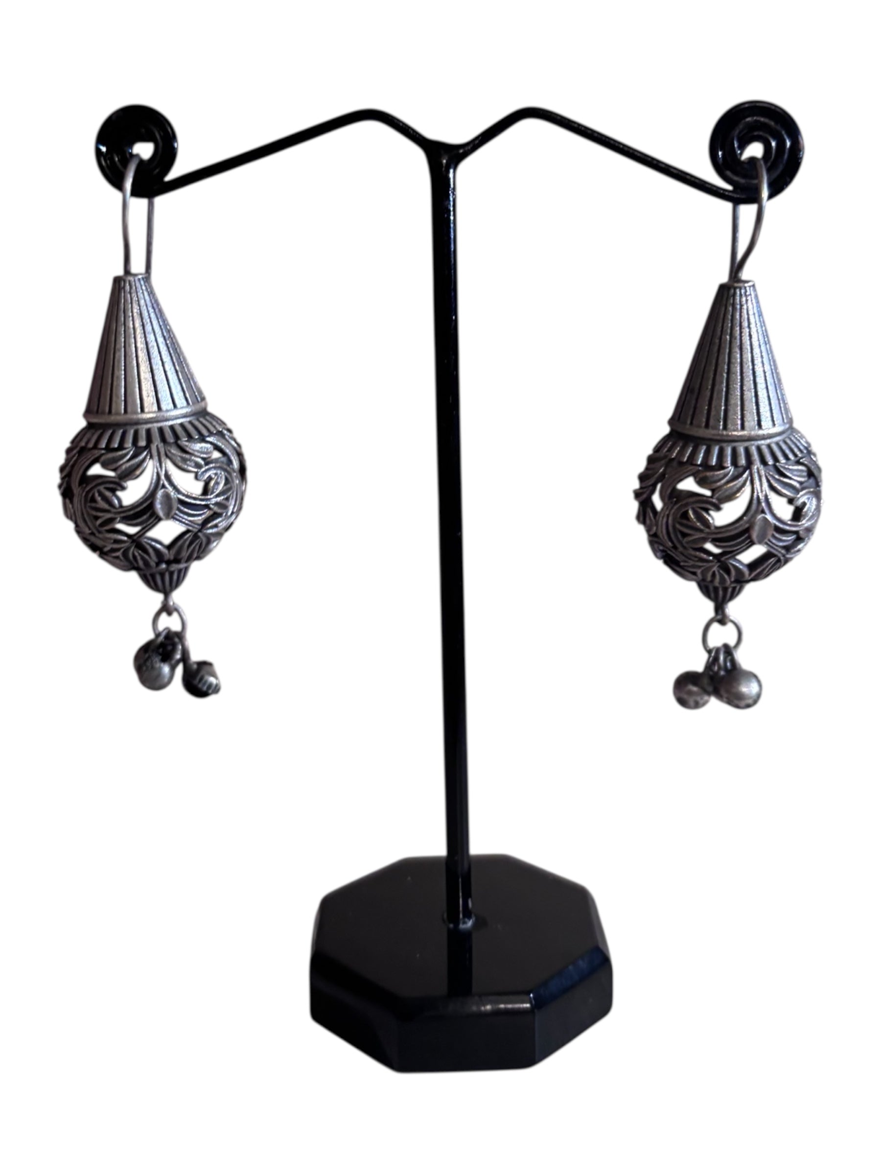Traditional Silver Jhumki Earrings with Intricate Filigree Work and Dangling Bells