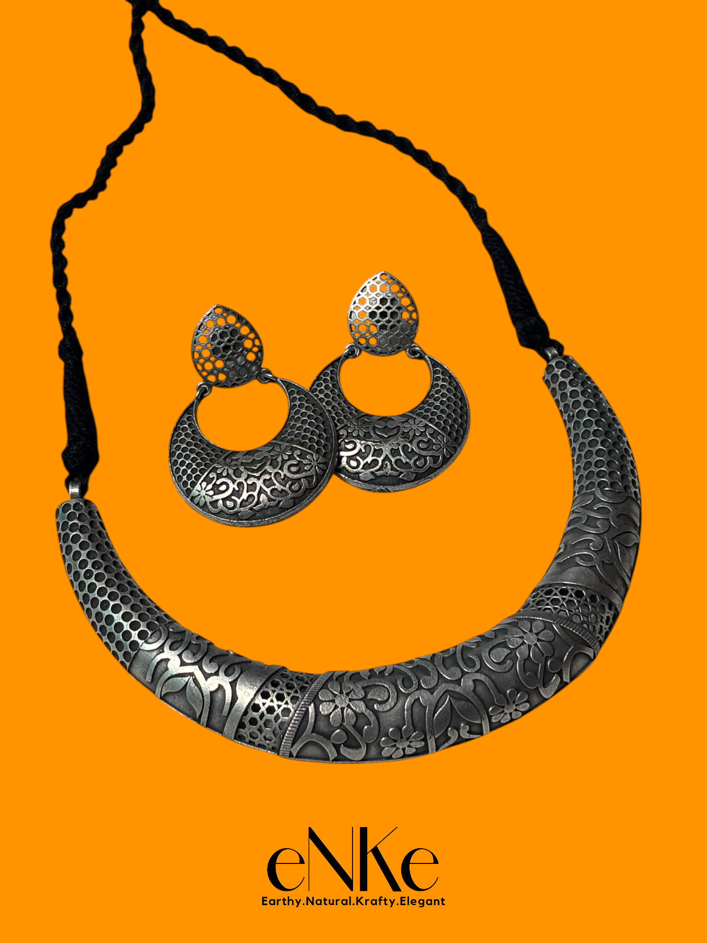 Traditional Oxidized Silver Hasli Necklace and Earring Set Tribal-Inspired Statement Jewelry