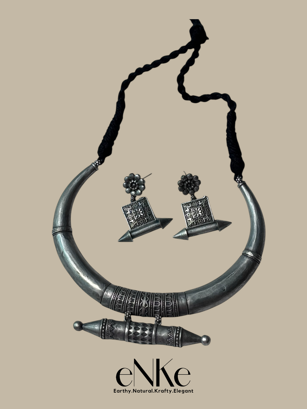 Traditional Oxidized Silver Hasli Necklace and Earring Set Tribal-Inspired Statement Jewelry