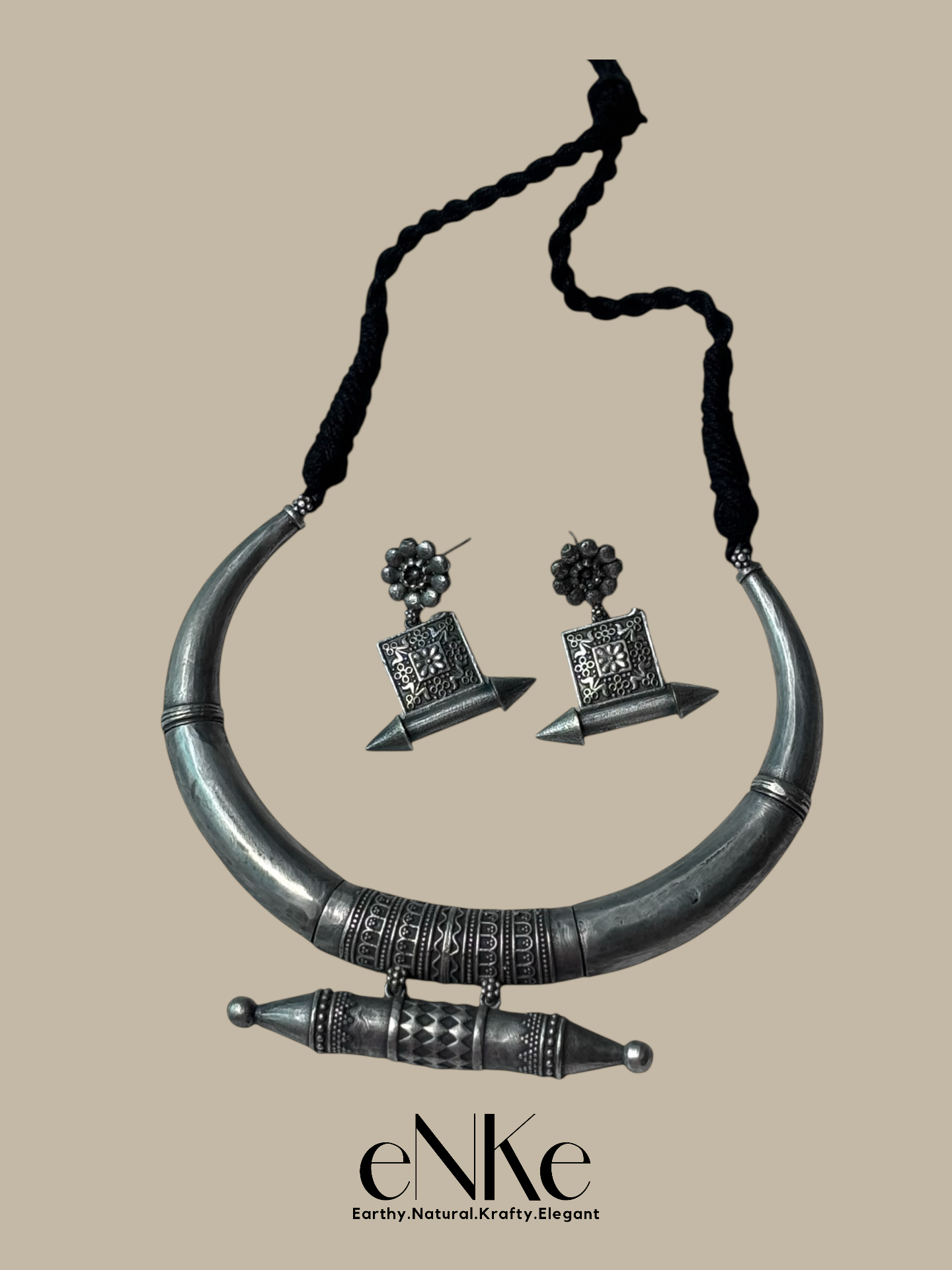 Traditional Oxidized Silver Hasli Necklace and Earring Set Tribal-Inspired Statement Jewelry