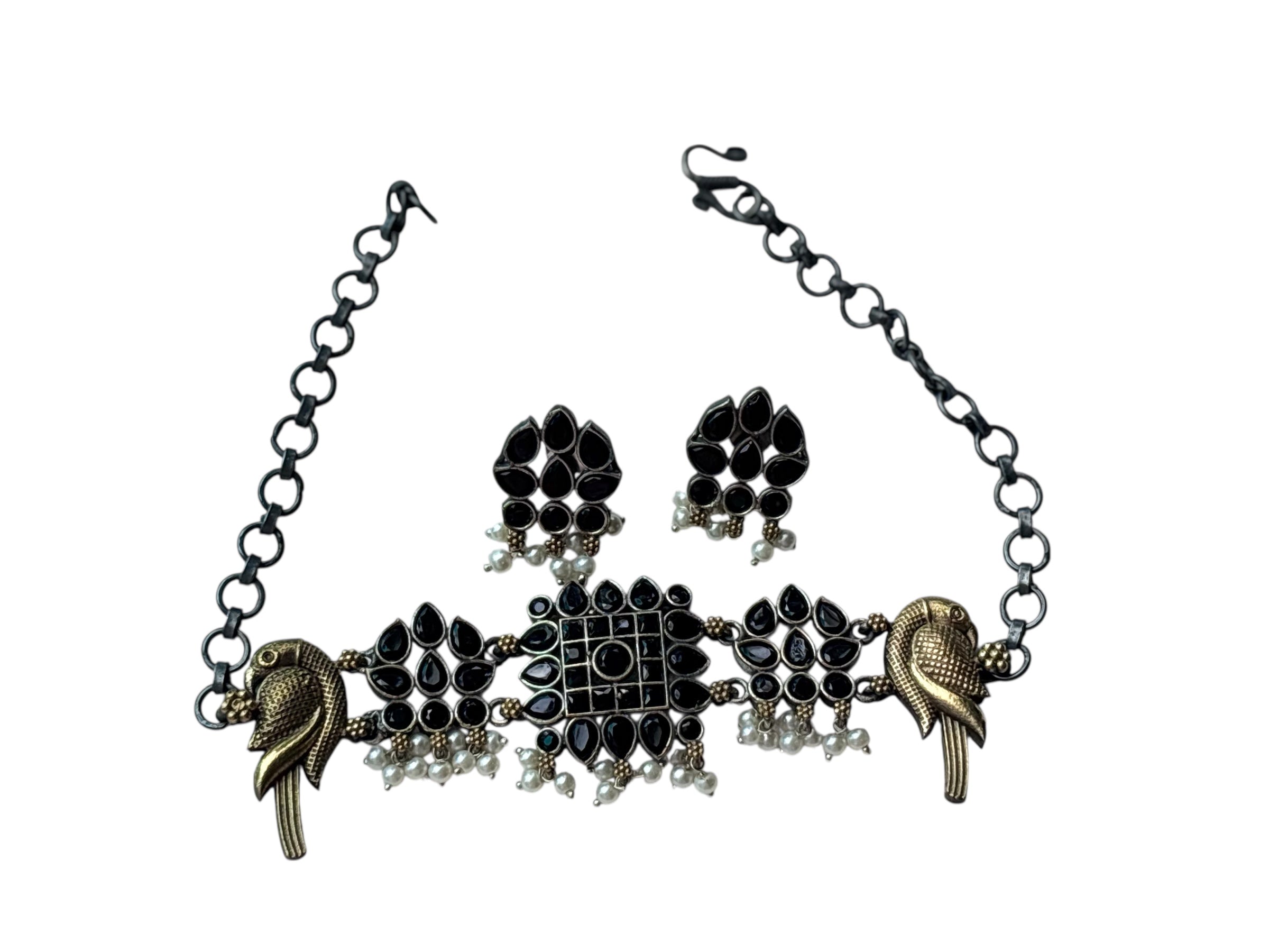 Handcrafted Black Stone and Pearl Choker Set with Matching Earrings Perfect for Gift