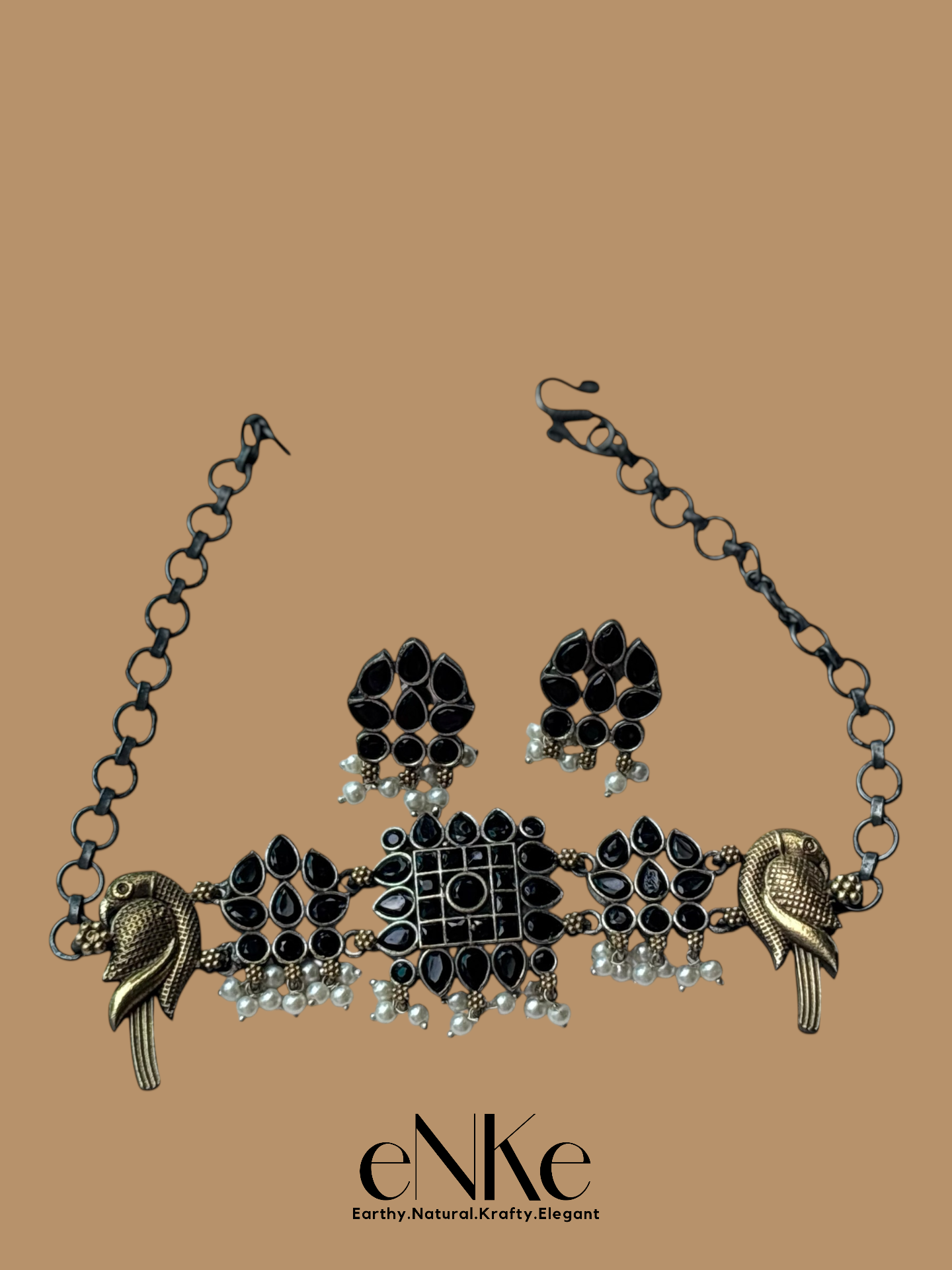 Handcrafted Black Stone and Pearl Choker Set with Matching Earrings Perfect for Gift