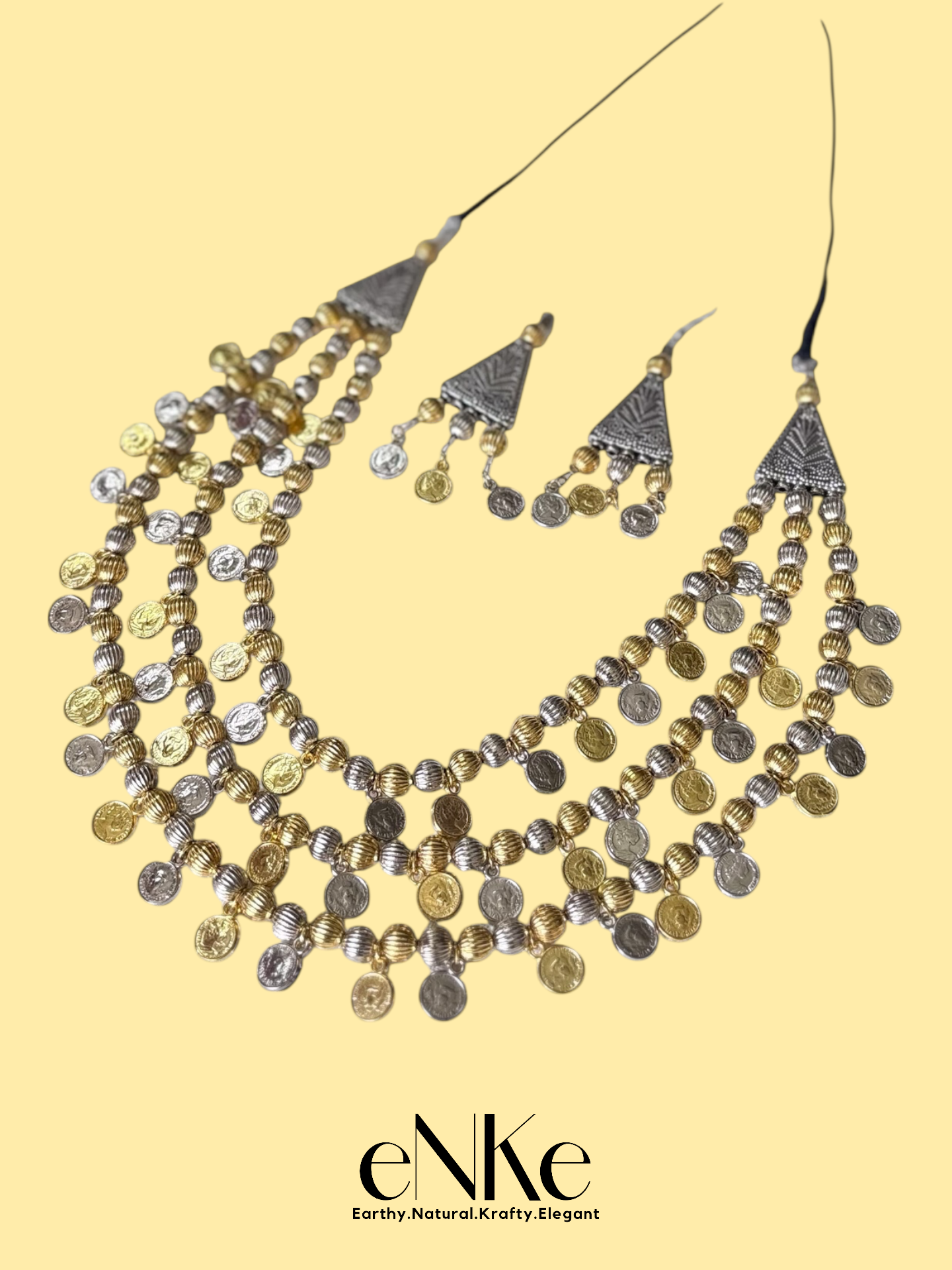 Elegant Two-Tone Beaded Necklace Set Traditional Tribal Jewelry with Matching Earrings