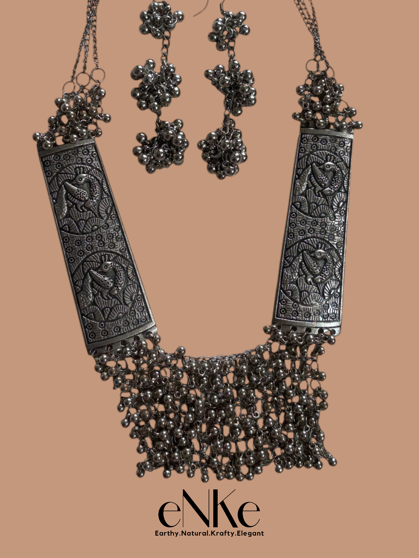 Handcrafted Long Silver Necklace Set, Dangling Beaded Tassels With Matching Earrings Gift for Her