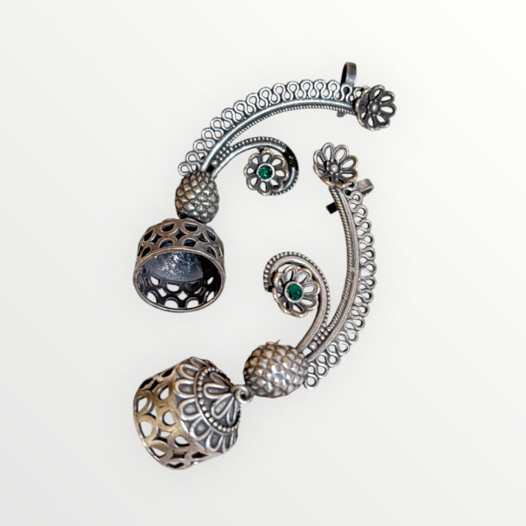 Elegant Oxidized Silver Peacock Ear Cuffs with Floral Detailing and Jhumka Dangles – Statement Ethnic Jewelry for Women