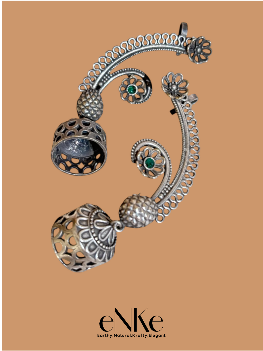 Elegant Oxidized Silver Peacock Ear Cuffs with Floral Detailing and Jhumka Dangles – Statement Ethnic Jewelry for Women