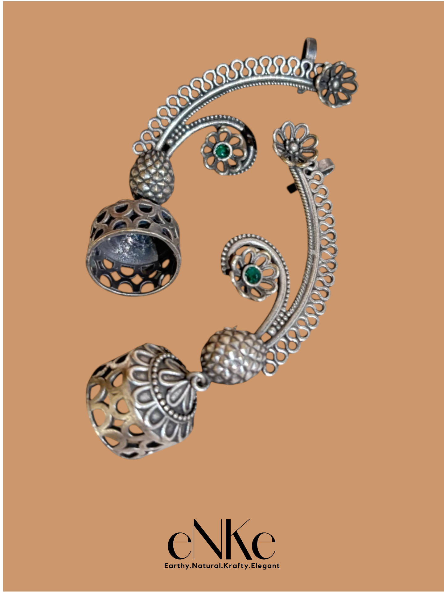 Elegant Oxidized Silver Peacock Ear Cuffs with Floral Detailing and Jhumka Dangles – Statement Ethnic Jewelry for Women