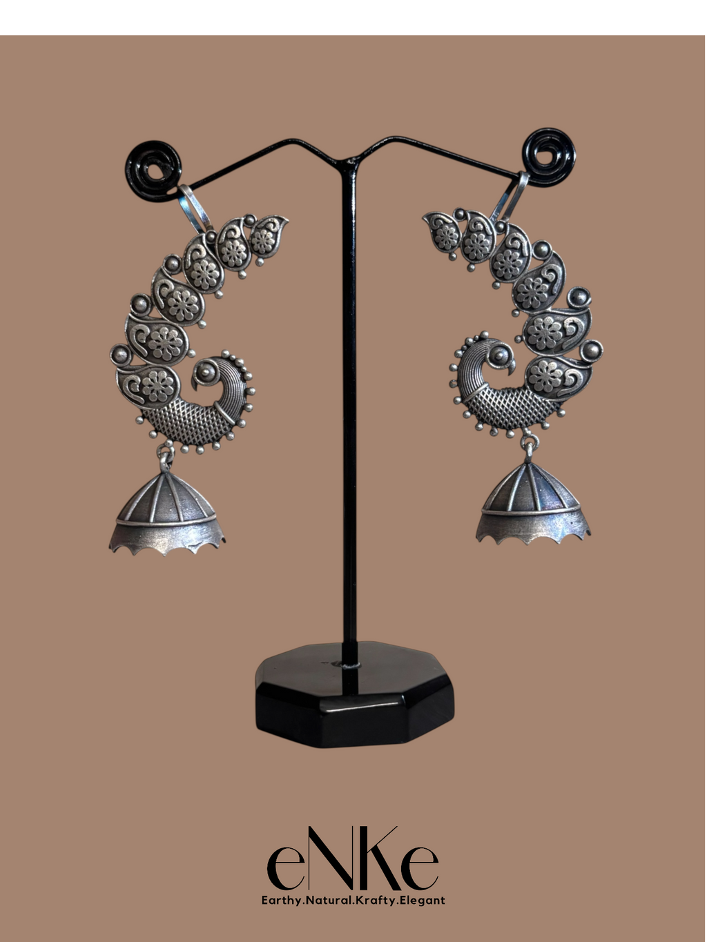 Elegant Oxidized Silver Peacock Ear Cuffs with Floral Detailing and Jhumka Dangles – Statement Ethnic Jewelry for Women