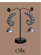 Elegant Oxidized Silver Peacock Ear Cuffs with Floral Detailing and Jhumka Dangles – Statement Ethnic Jewelry for Women