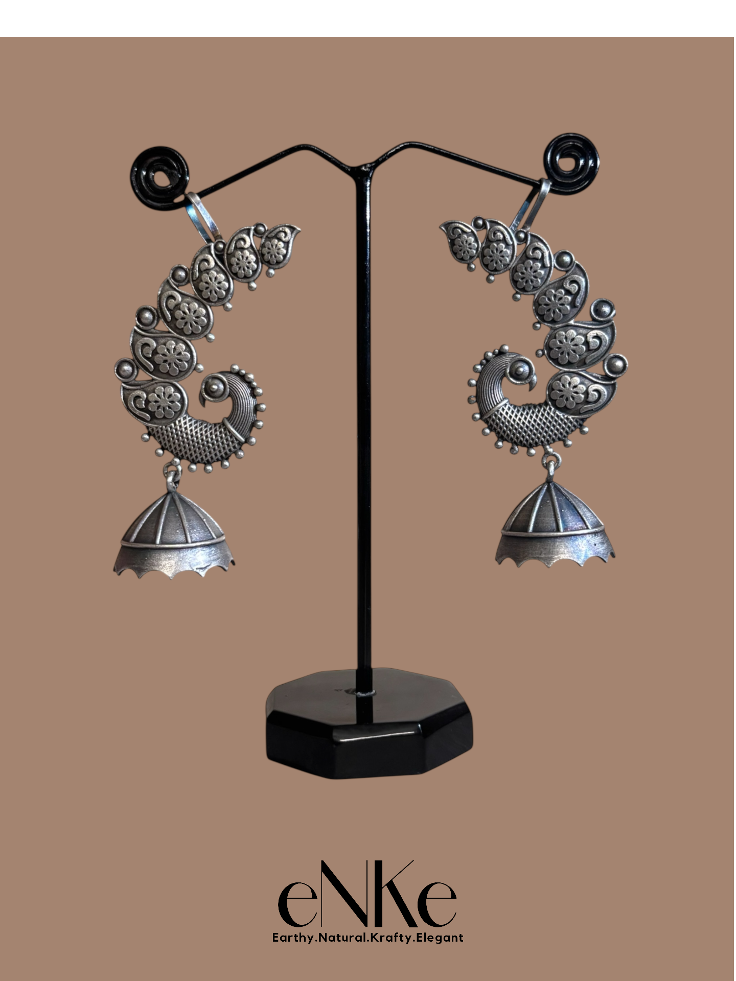 Elegant Oxidized Silver Peacock Ear Cuffs with Floral Detailing and Jhumka Dangles – Statement Ethnic Jewelry for Women