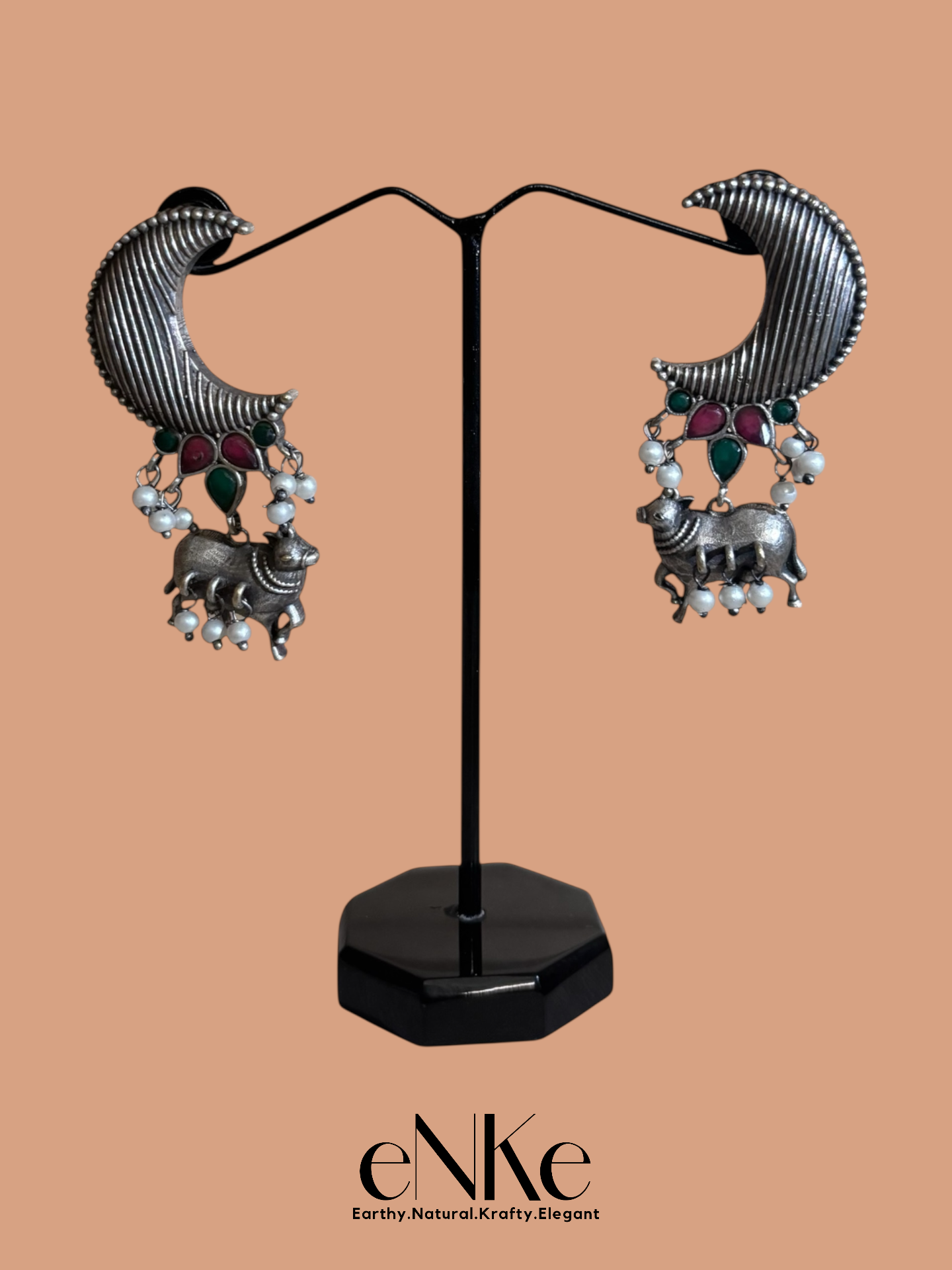 Handcrafted Nandi Statement Earrings – Oxidized Silver Crescent Moon Design Traditional Ethnic Jewelry for Women & Girls
