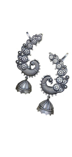 Elegant Oxidized Silver Peacock Ear Cuffs with Floral Detailing and Jhumka Dangles – Statement Ethnic Jewelry for Women
