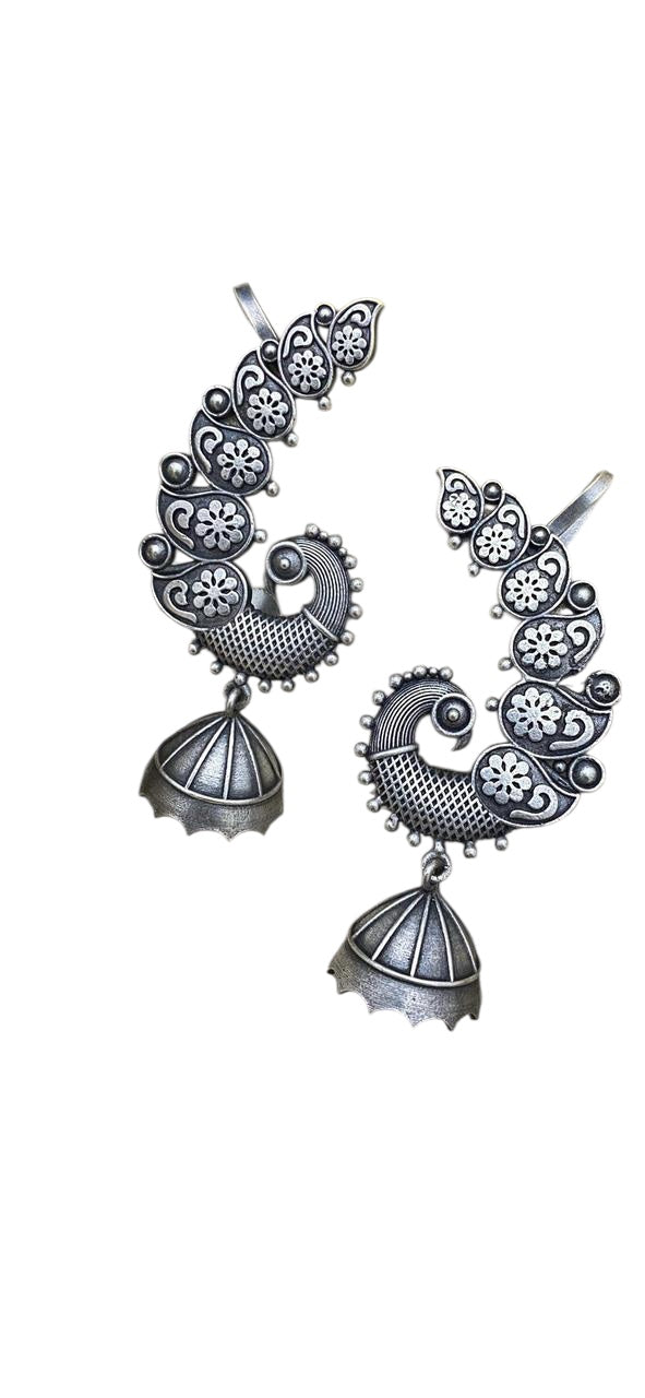 Elegant Oxidized Silver Peacock Ear Cuffs with Floral Detailing and Jhumka Dangles – Statement Ethnic Jewelry for Women