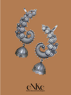 Elegant Oxidized Silver Peacock Ear Cuffs with Floral Detailing and Jhumka Dangles – Statement Ethnic Jewelry for Women