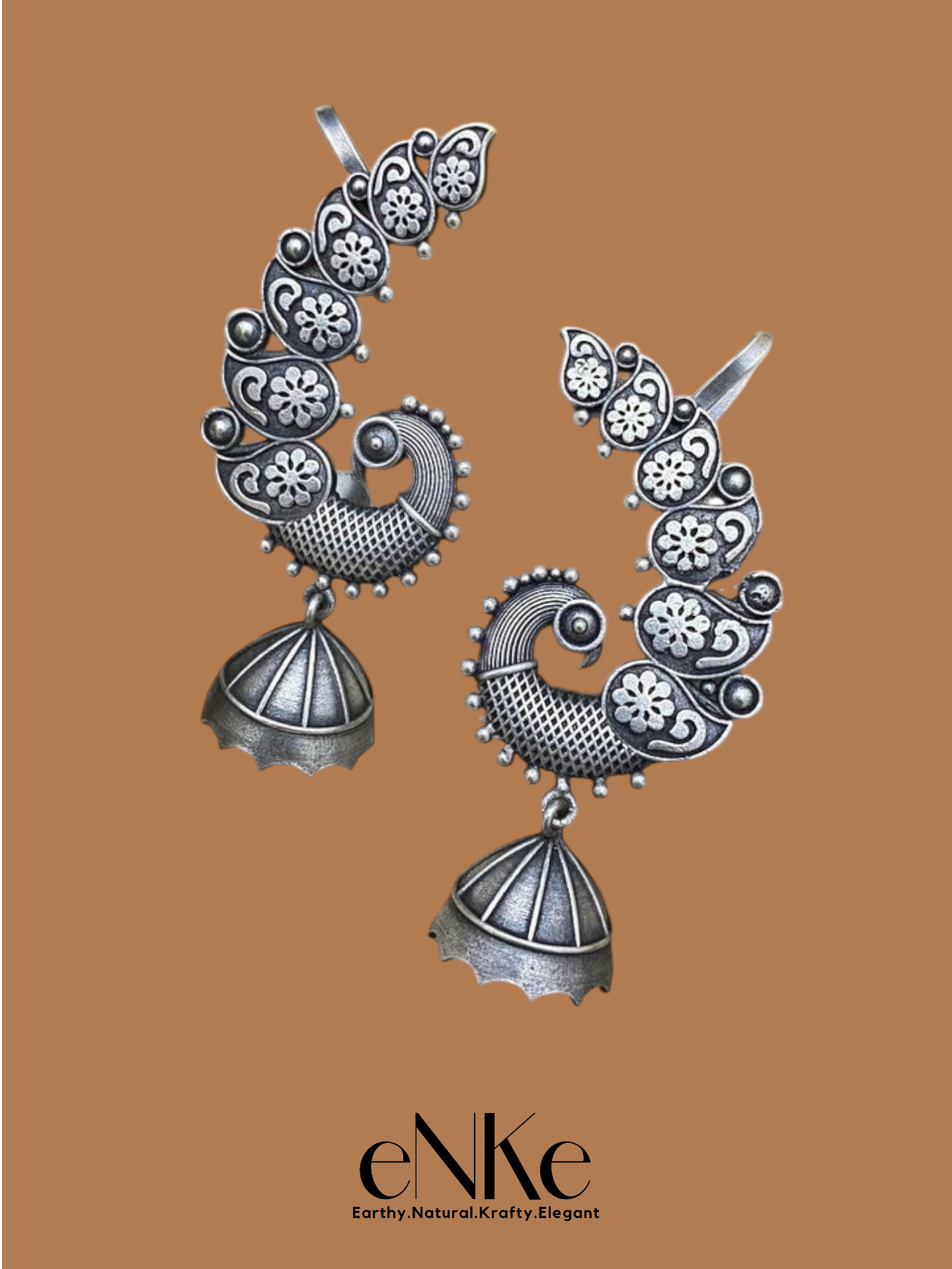 Elegant Oxidized Silver Peacock Ear Cuffs with Floral Detailing and Jhumka Dangles – Statement Ethnic Jewelry for Women