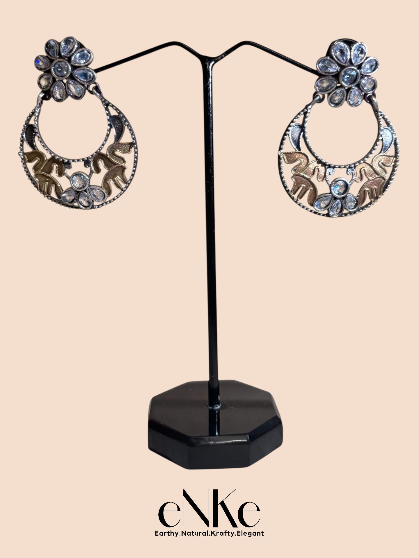 Intricate Silver Chand Baali Earrings with Floral Motif Studs and Delicate Crystal Embellishments