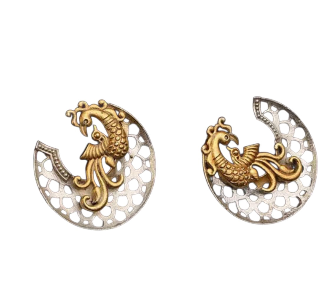 Handcrafted Peacock Tops – Dual-Tone Ethnic Earrings with Intricate Filigree Design for Women & Girls