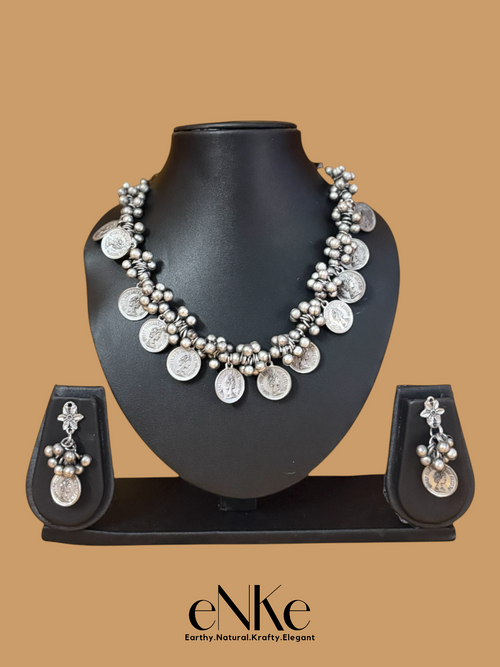Antique Oxidized Silver Coin Necklace Set With Matching Earrings for Festive and Ethnic Occasions