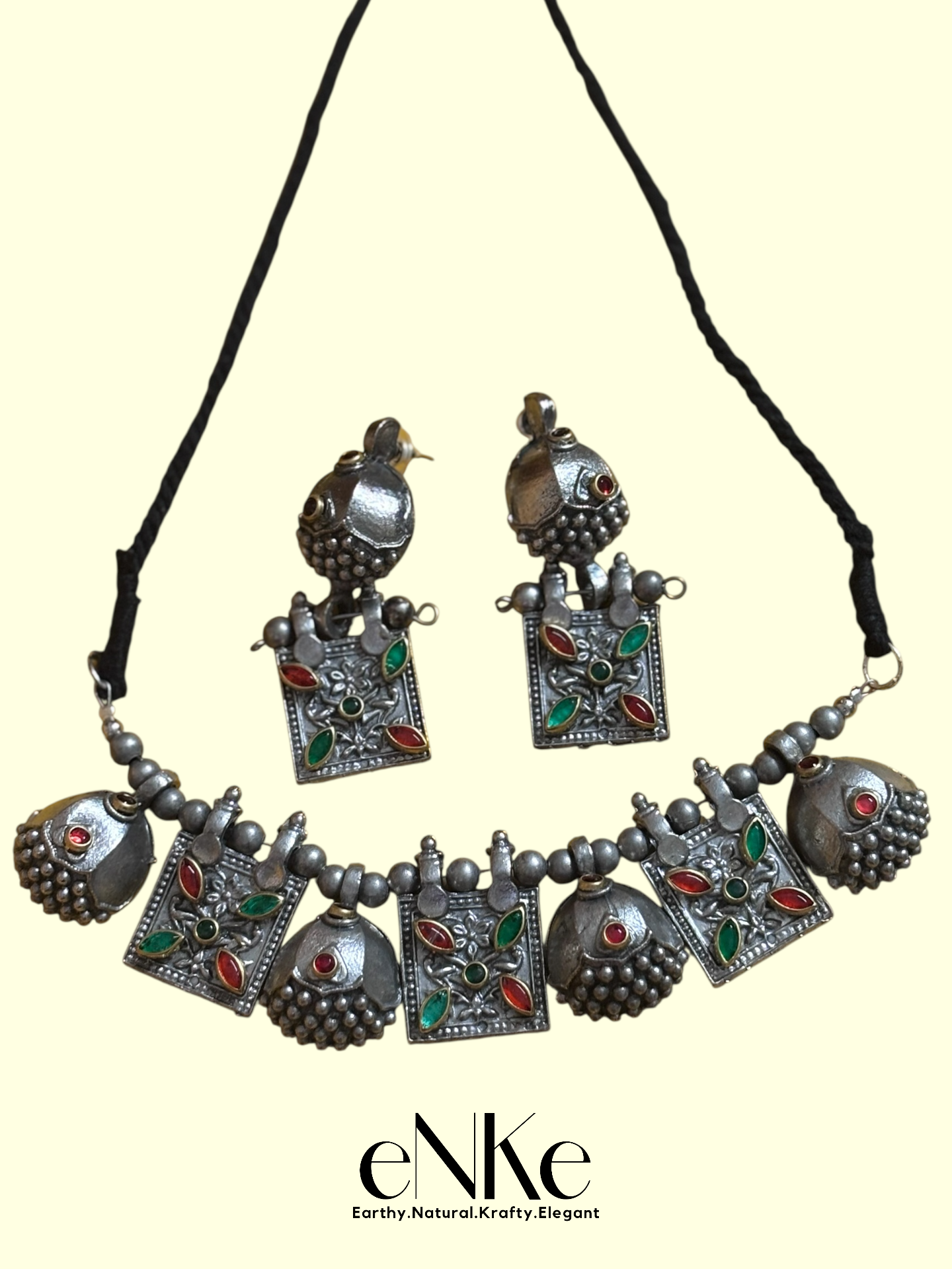 Multi-Stone Silver Necklace and Earring Set with Red and Green Gem Accents Elegant Design Gift