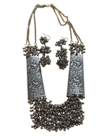 Handcrafted Long Silver Necklace Set, Dangling Beaded Tassels With Matching Earrings Gift for Her