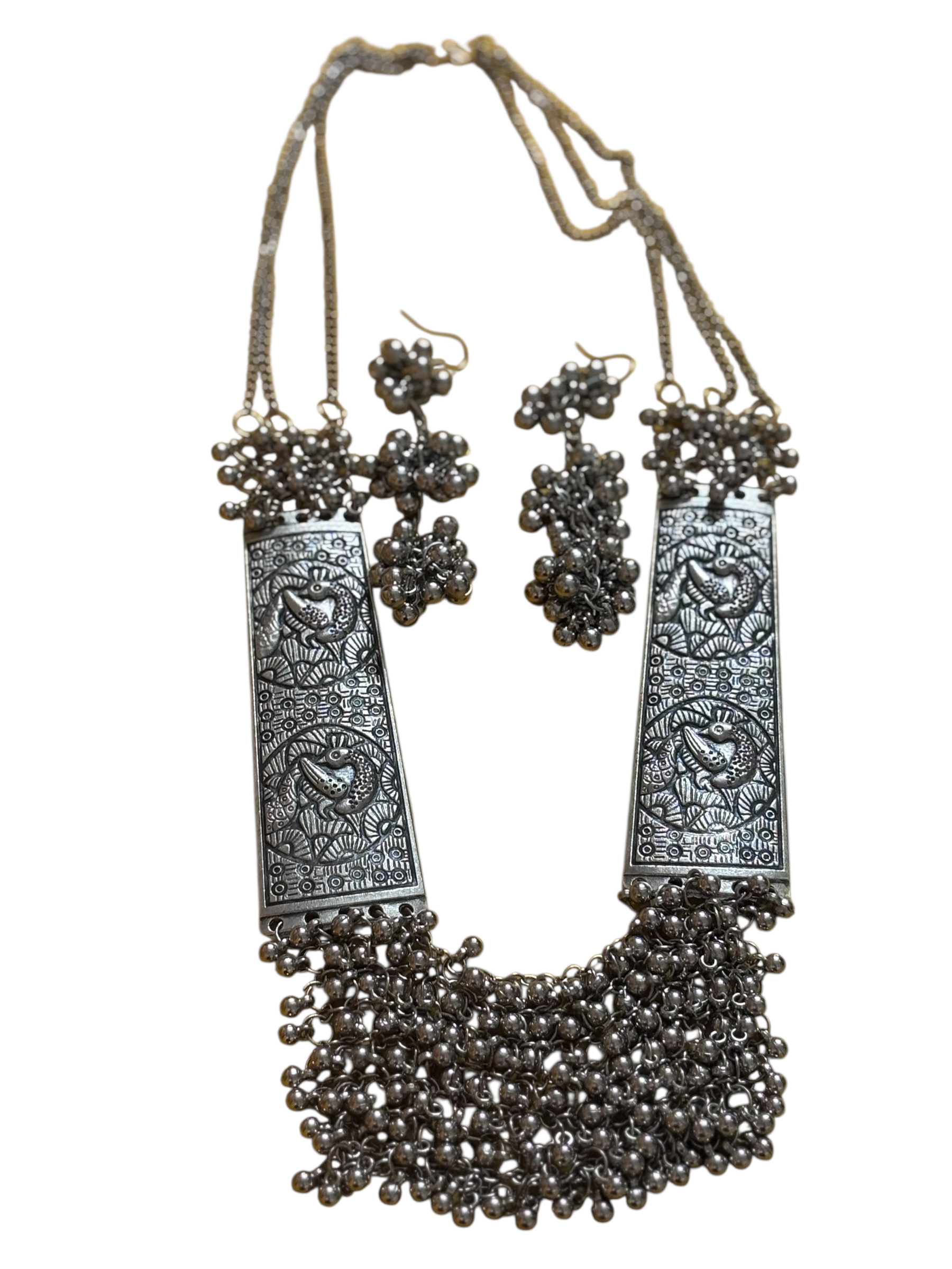 Handcrafted Long Silver Necklace Set, Dangling Beaded Tassels With Matching Earrings Gift for Her