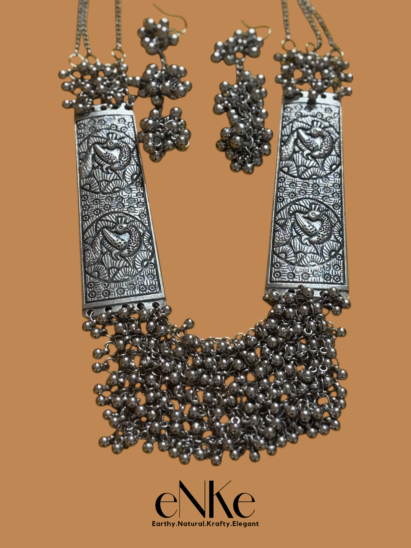 Handcrafted Long Silver Necklace Set, Dangling Beaded Tassels With Matching Earrings Gift for Her