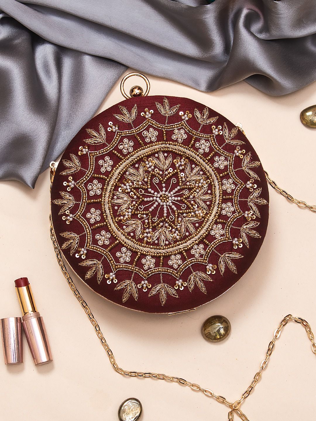 Deep Red Zardozi Round  Box Clutch for Women
