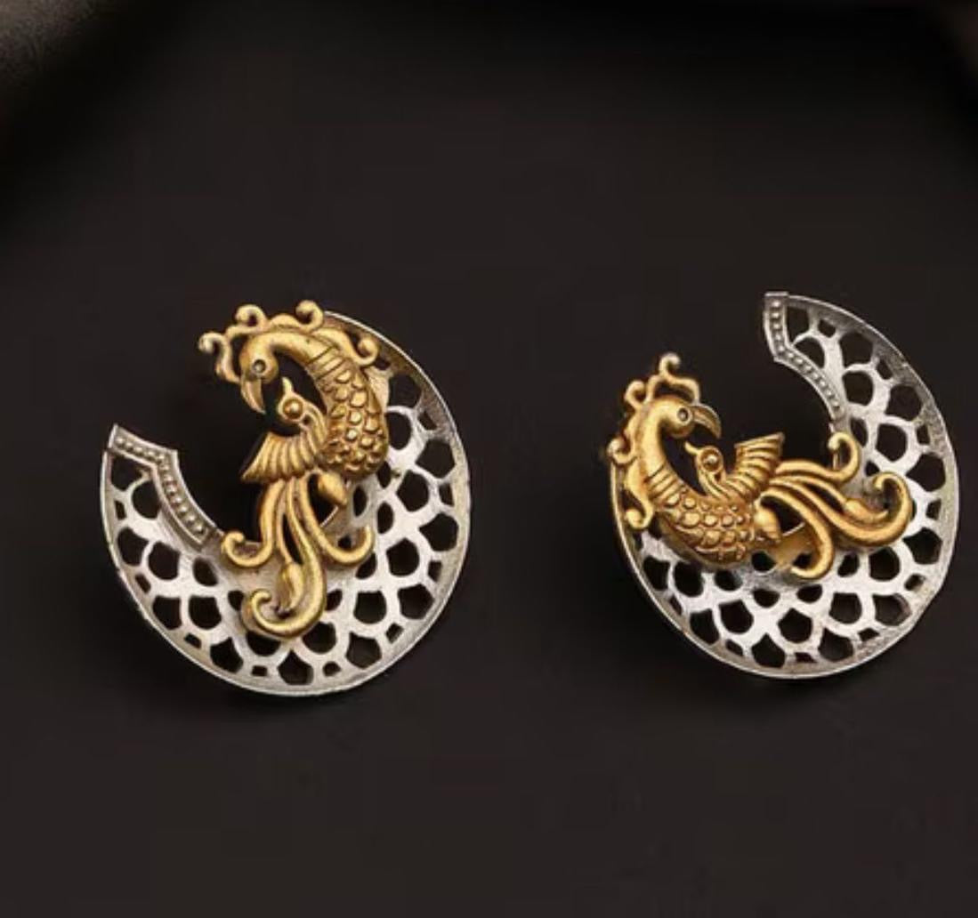 Handcrafted Peacock Tops – Dual-Tone Ethnic Earrings with Intricate Filigree Design for Women & Girls