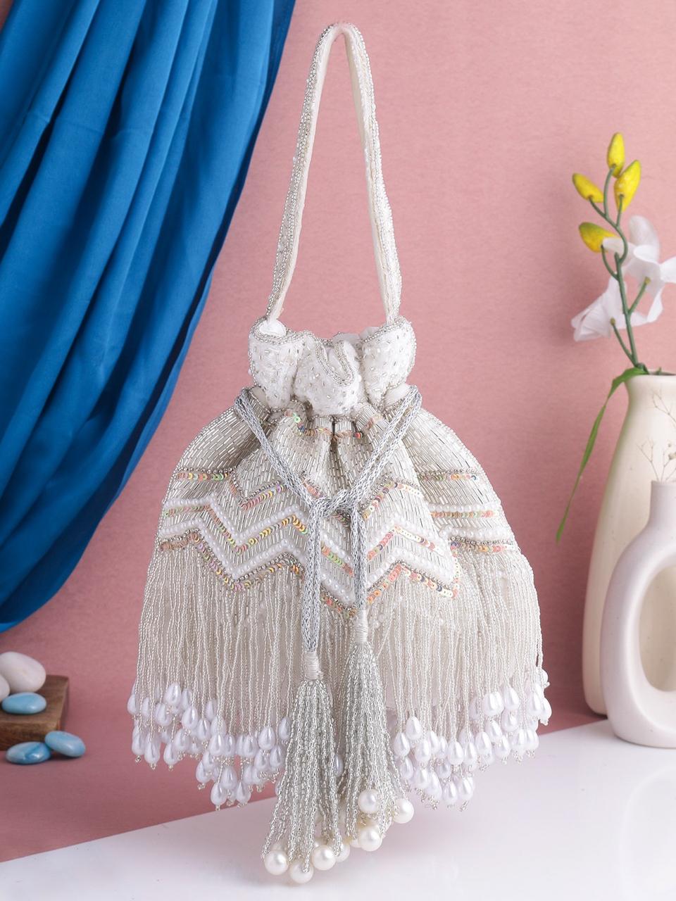 White Heavy Beaded Potli for Girls & Women