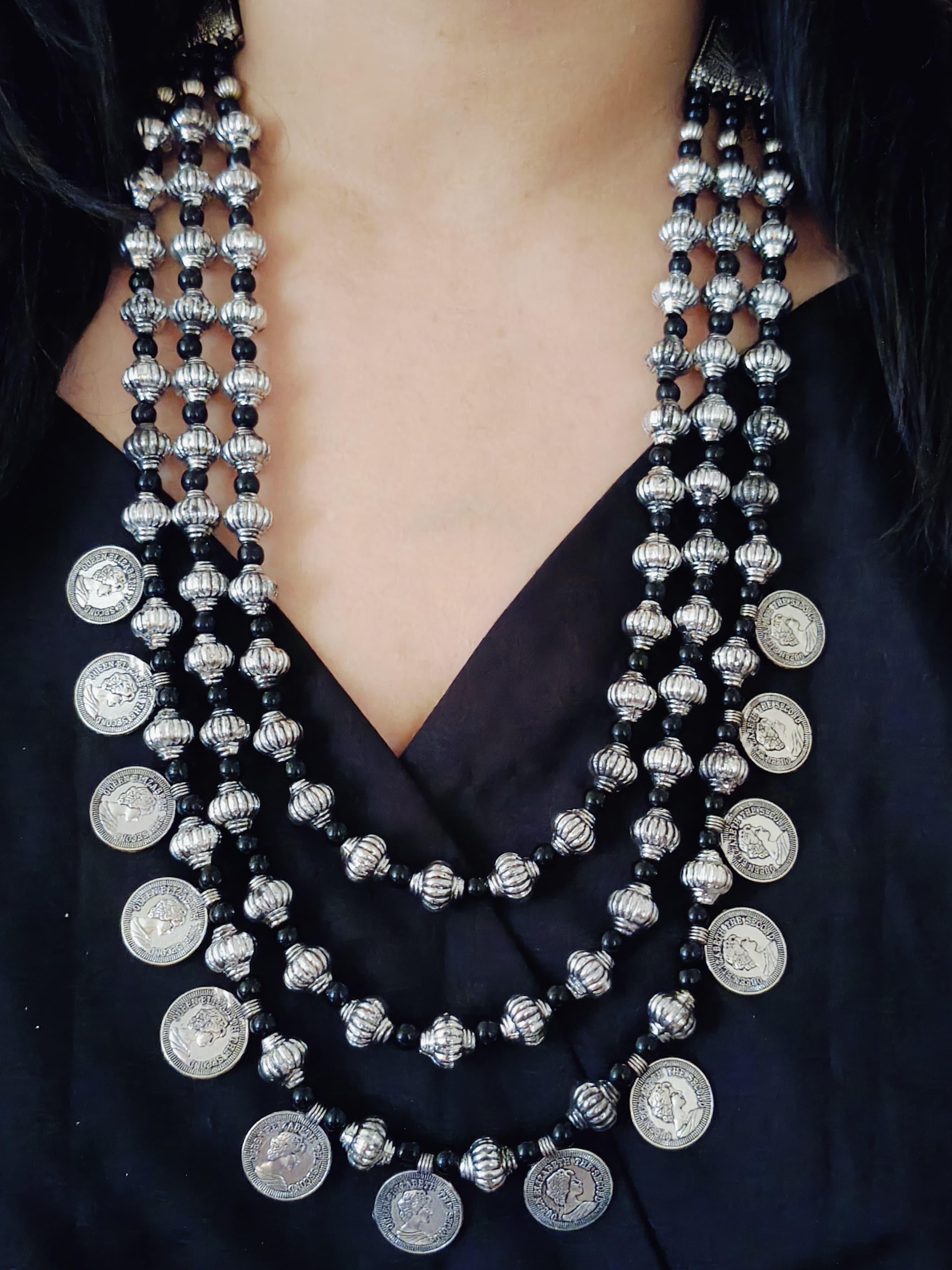 Tribal Silver Beaded Necklace Set with Elegant Multi-Strand Statement Jewelry