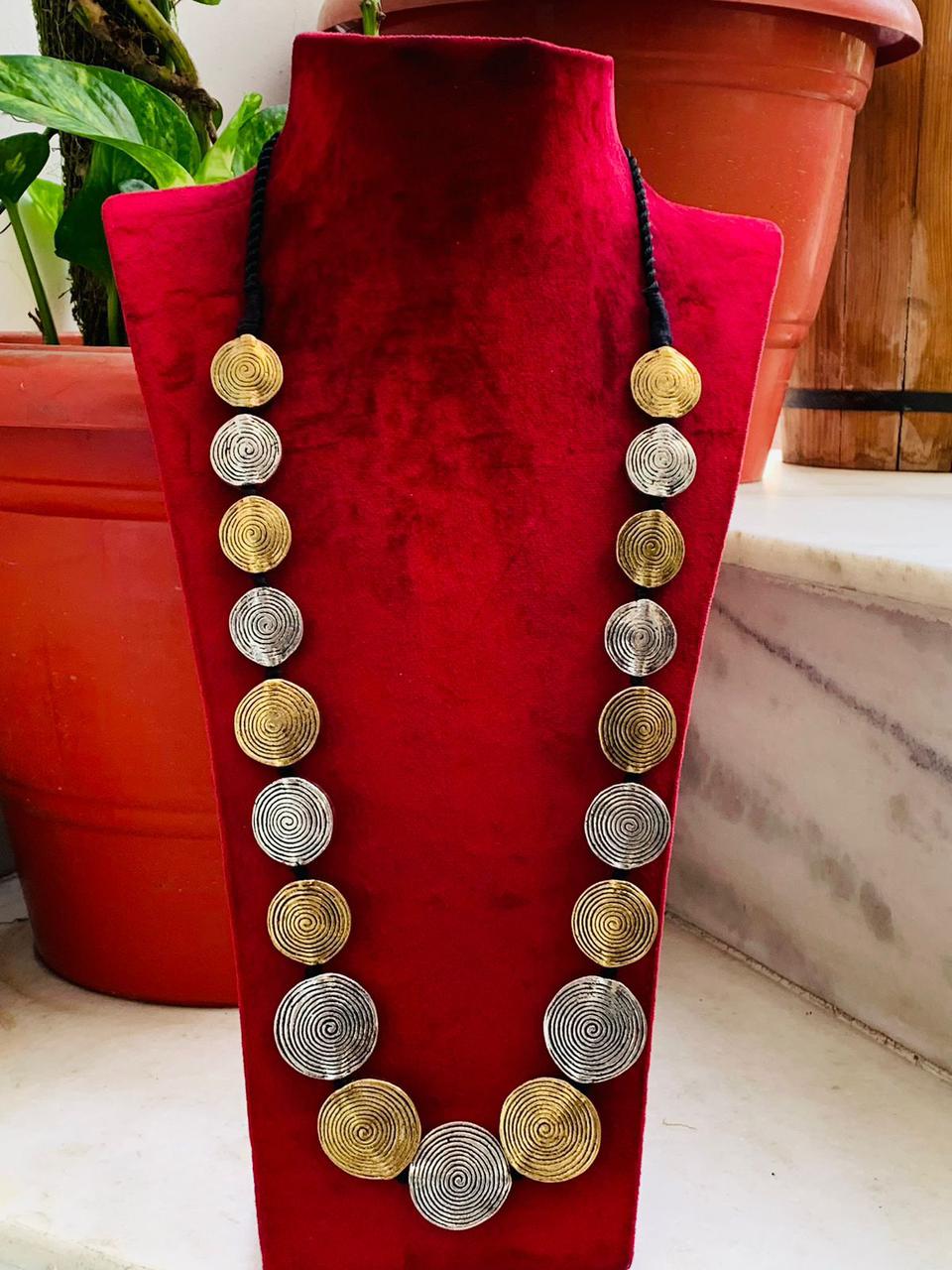 Handcrafted Dual-Tone Swirl Disc Long Necklace for Gift