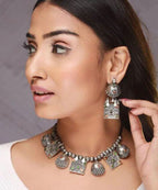 Multi-Stone Silver Necklace and Earring Set with Red and Green Gem Accents Elegant Design Gift