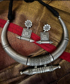 Traditional Oxidized Silver Hasli Necklace and Earring Set Tribal-Inspired Statement Jewelry